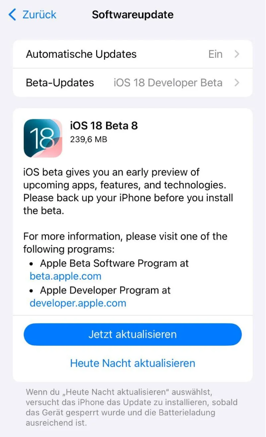 会山镇苹果手机维修分享苹果 iOS / iPadOS 18 开发者预览版 Beta 8 发布 